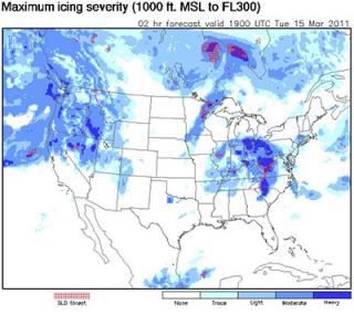 This graphic display from the FIP-Severity software program depicts a two-hour icing severity forecast across the United States on March 15, 2011. The forecast is for a column extending from 1,000 to 30,000 feet above mean sea level. The shades of blue denote the level of severity, with dark blue indicating heavy icing. The red areas of "SLD threat" are warnings for the presence of supercooled large drops, an indicator of severe icing potential. Icing can create a significant hazard for some types of aircraft. (Image courtesy NOAA/NWS/ADDS.)