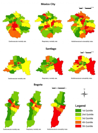 These maps show from left to right the geographic distribution of human mortality rates attributable to cardiovascular and respiratory disease, and the distribution of vulnerable groups as measured by the multidimensional vulnerability index (MVI) in the three cities. Data in the maps are divided into five equal groups. The first quintile contains the lowest 20% of values, while the fifth quintile has the highest 20%.