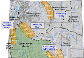 Figure 1. A map of Wyoming with coarse representation of topography and major river basins. Yellow areas denote the five mountain ranges under study related to winter orographic cloud seeding programs: Medicine Bow, Sierra Madre, Wind River, Salt River/Wyoming, and Bighorn Ranges.