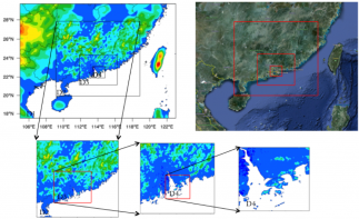 The model domain configuration for real-time high-resolution weather analysis and production of 5-year microclimatology for Shenzhen metropolitan areas. The terrain height is shown in color shades. The model domain configuration for real-time high-resolution weather analysis and production of 5-year microclimatology for Shenzhen metropolitan areas. The terrain height is shown in color shades.