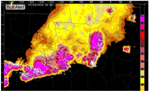 BoltAlert® lightning potential (high risk in magenta) and actual strikes. BoltAlert® lightning potential (high risk in magenta) and actual strikes.