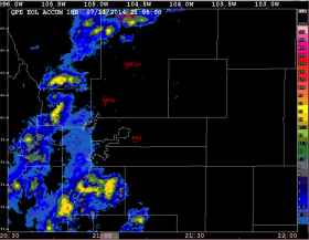 Radar-based EOL QPE mosaic field showing the 1 hour rainfall accumulation along the Front Range.