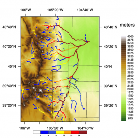 WRF-Hydro 60 min streamflow prediction from 2300 UTC on 16 July 2014 along the Front Range using WRF-3DVAR with DA and AutoNowcaster nowcasts (WRF-Hydro ANC). Color markers indicate streamflow values ranging from 0-64 m3sec-1 with red colors being the highest values.